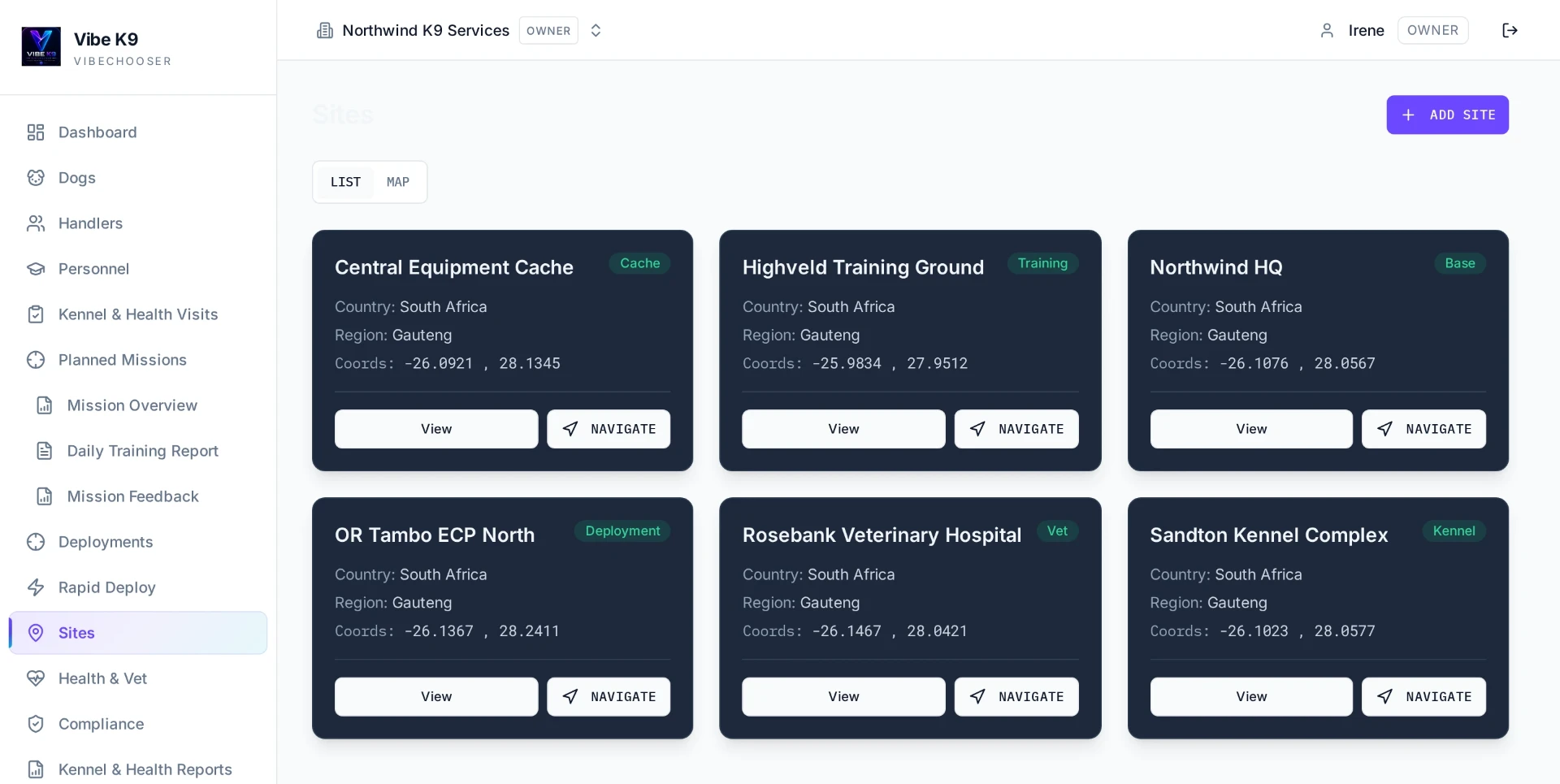 Vibe K9 sites and locations management screen
